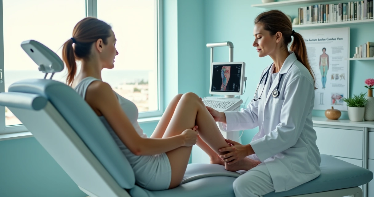 Médico vascular examinando pernas com varizes em consultório moderno 