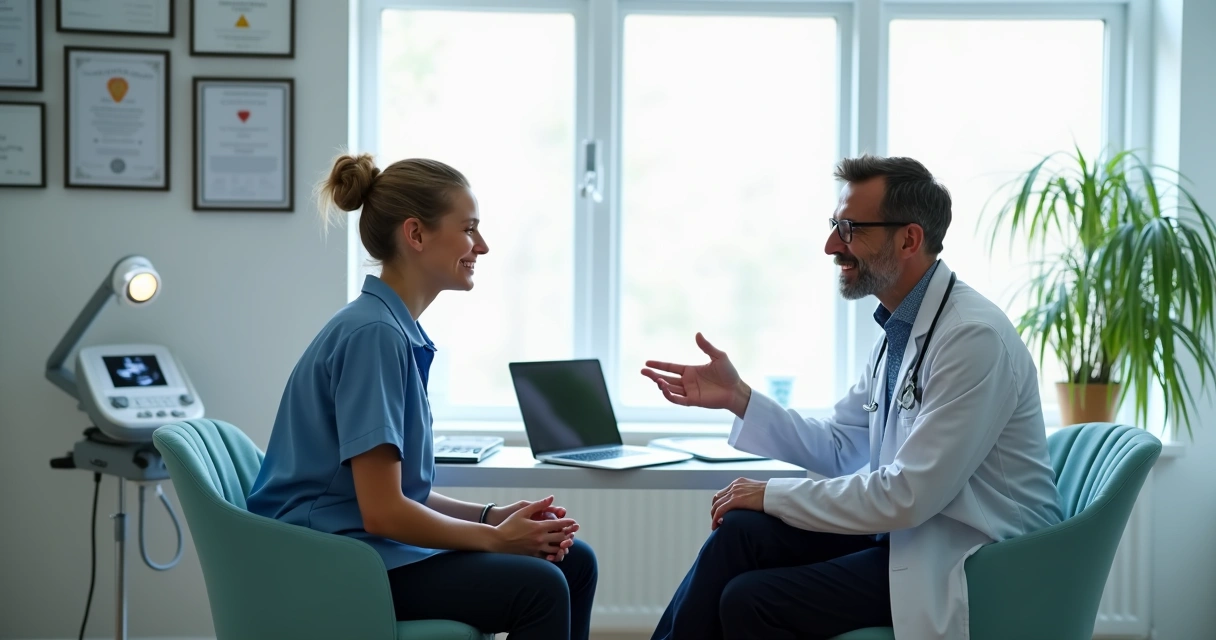 Paciente em consulta vascular conversando com médico