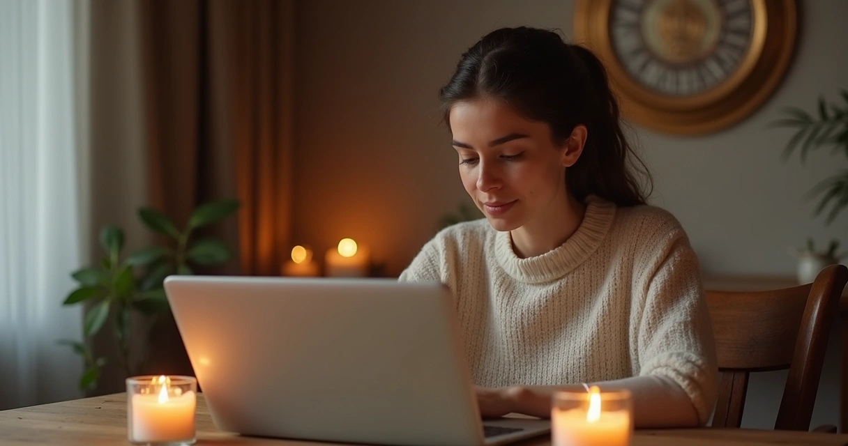 Pessoa olhando para um notebook em ambiente sereno, com símbolos espirituais ao fundo 