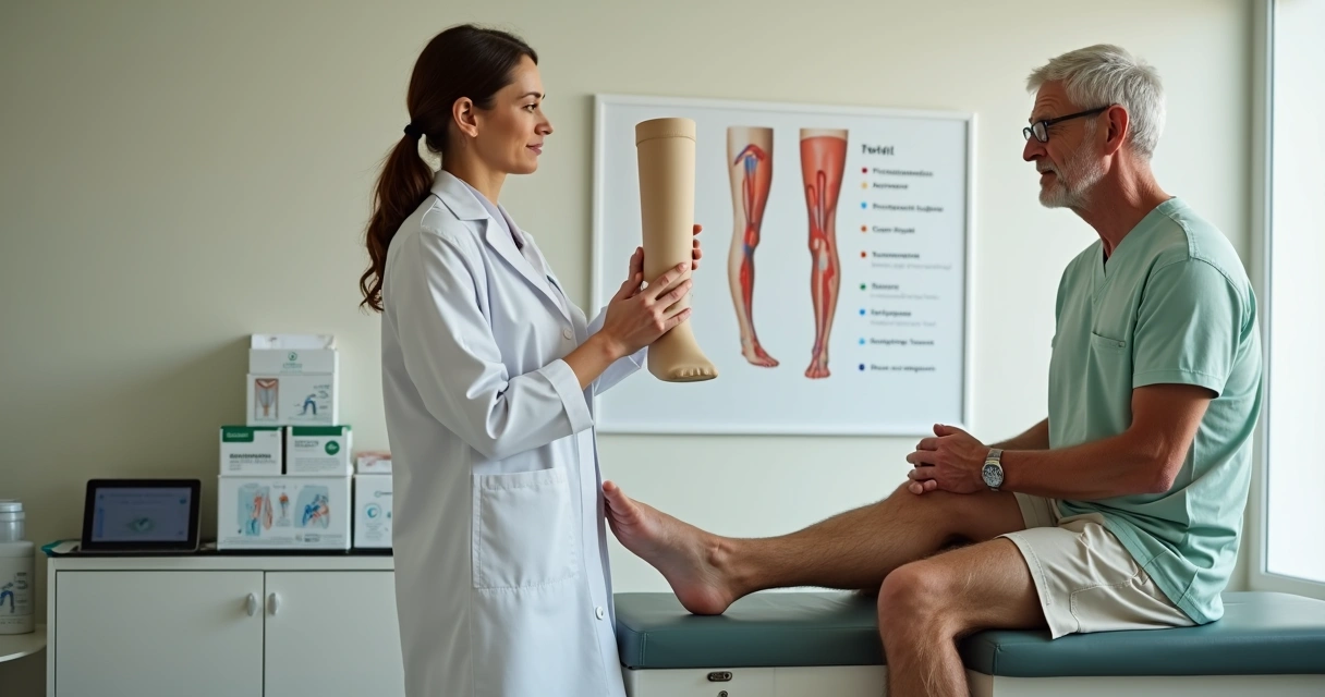 Médica mostrando em consulta modelo de perna com varizes e meia de compressão para paciente idoso sentado 