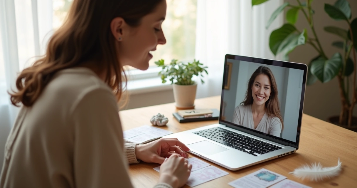 Mulher consulta cartas de anjo em casa com consultor online no notebook 