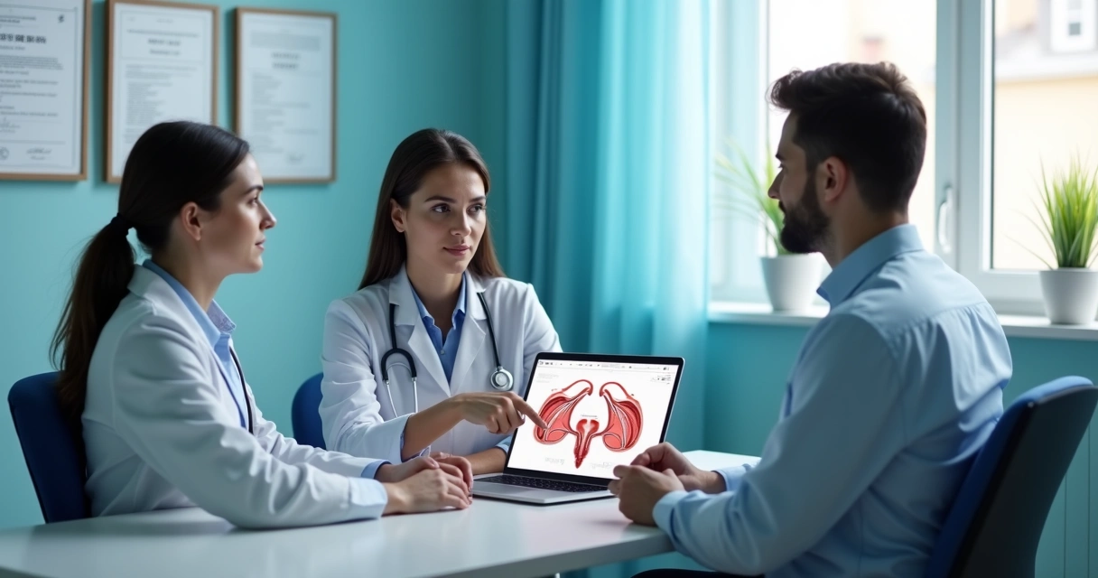 Urologista e terapeuta conversando com paciente e laptop na mesa