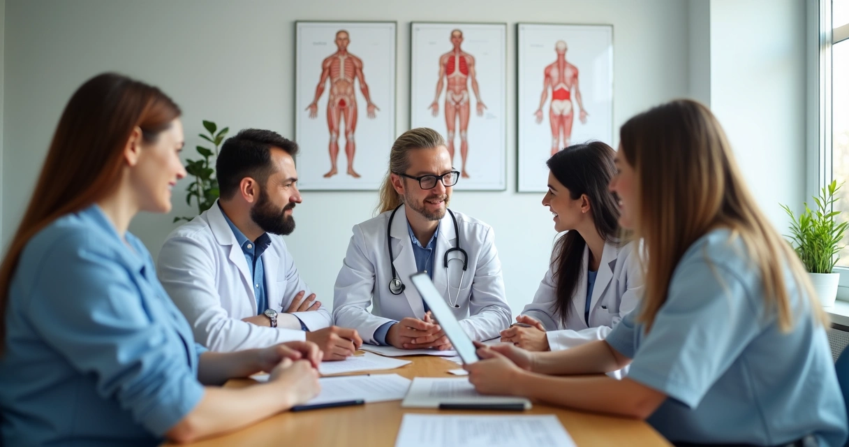 Profissionais de diversas áreas reunidos em uma mesa de clínica discutindo prontuários 