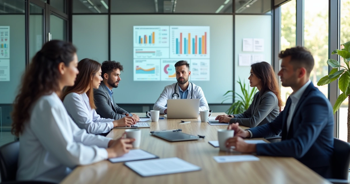 Profissionais em reunião discutindo contratos para rede credenciada de saúde em ambiente corporativo moderno 