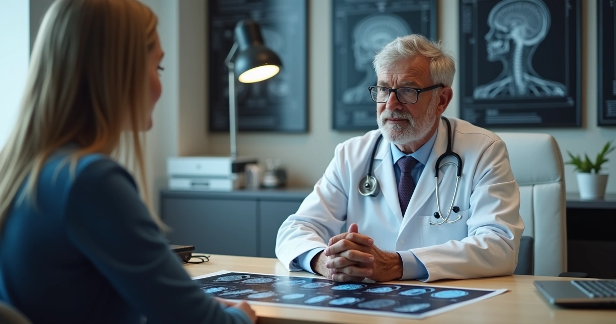 Médico neurologista sentado diante de paciente explicando exames com imagens médicas na mesa 