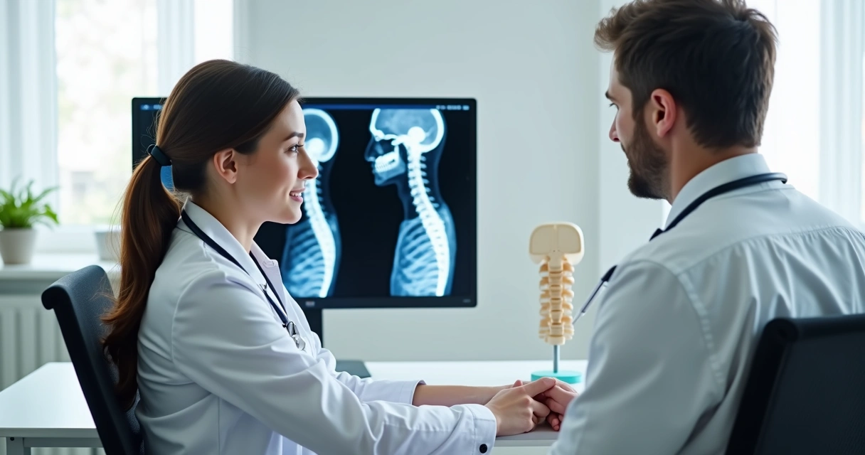 Médico mostrando exame de coluna para paciente em consultório 