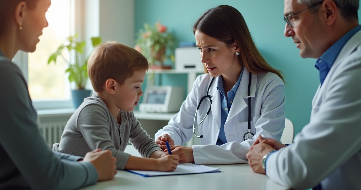 Neurologista avaliando criança com pais atentos 