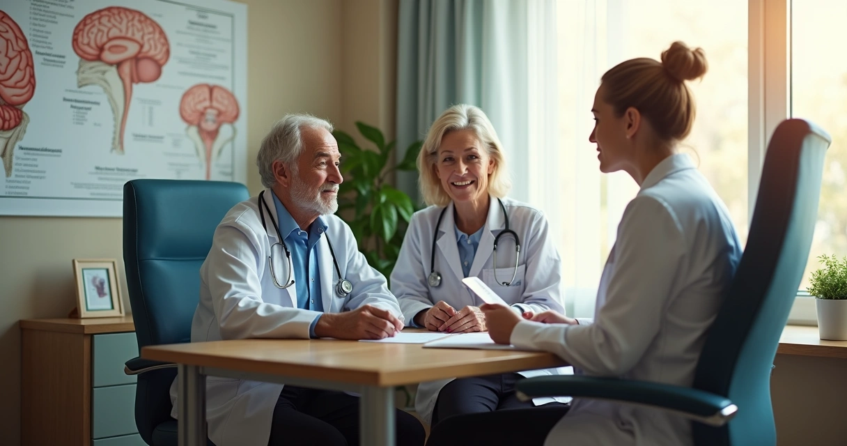 Consulta médica entre neurologista e idoso com cuidador ao lado 
