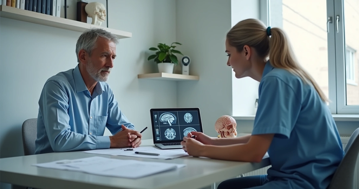 Paciente sendo examinado por neurologista em consultório de medicina da dor.