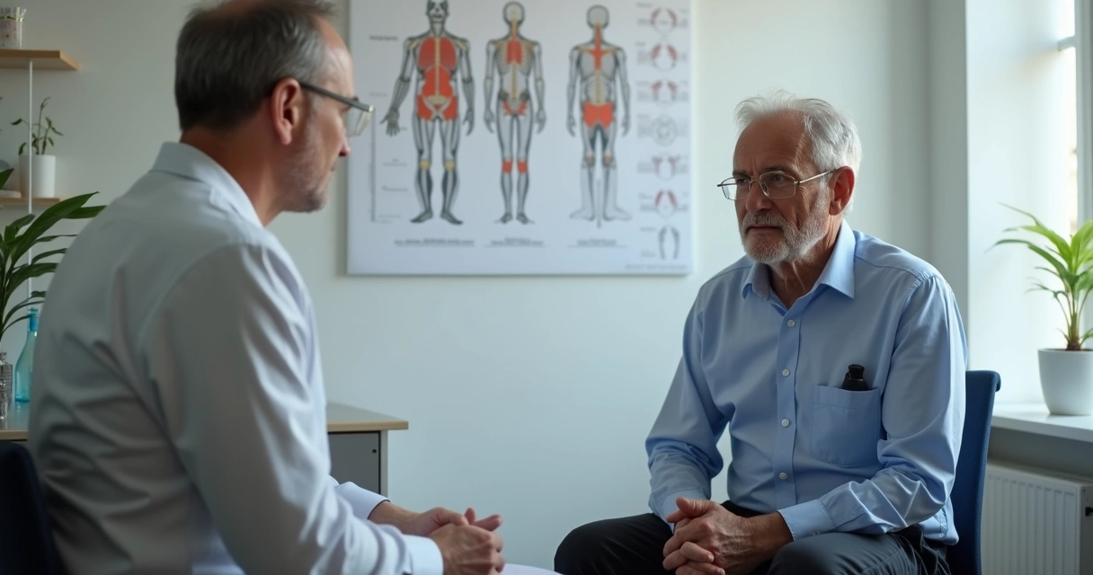 Consulta neurológica, paciente e médico discutindo sintomas