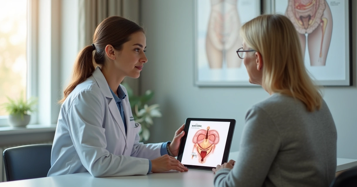 Médica explicando tratamento com neuromodulador sacral para paciente adulta em consultório acolhedor 