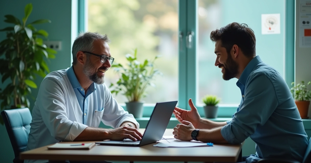 Cena de consulta de neuropsicologia em uma clínica acolhedora com um profissional e um paciente conversando.