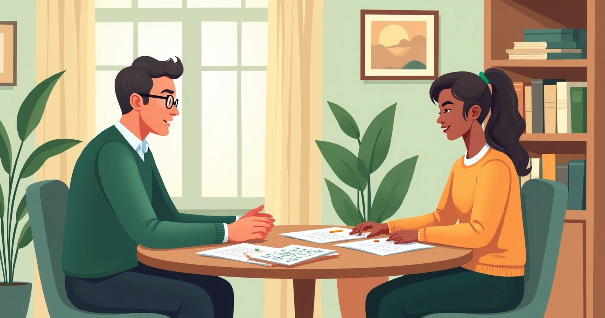 Ambiente acolhedor para avaliação neuropsicológica com mesa, materiais de teste e um profissional conversando.