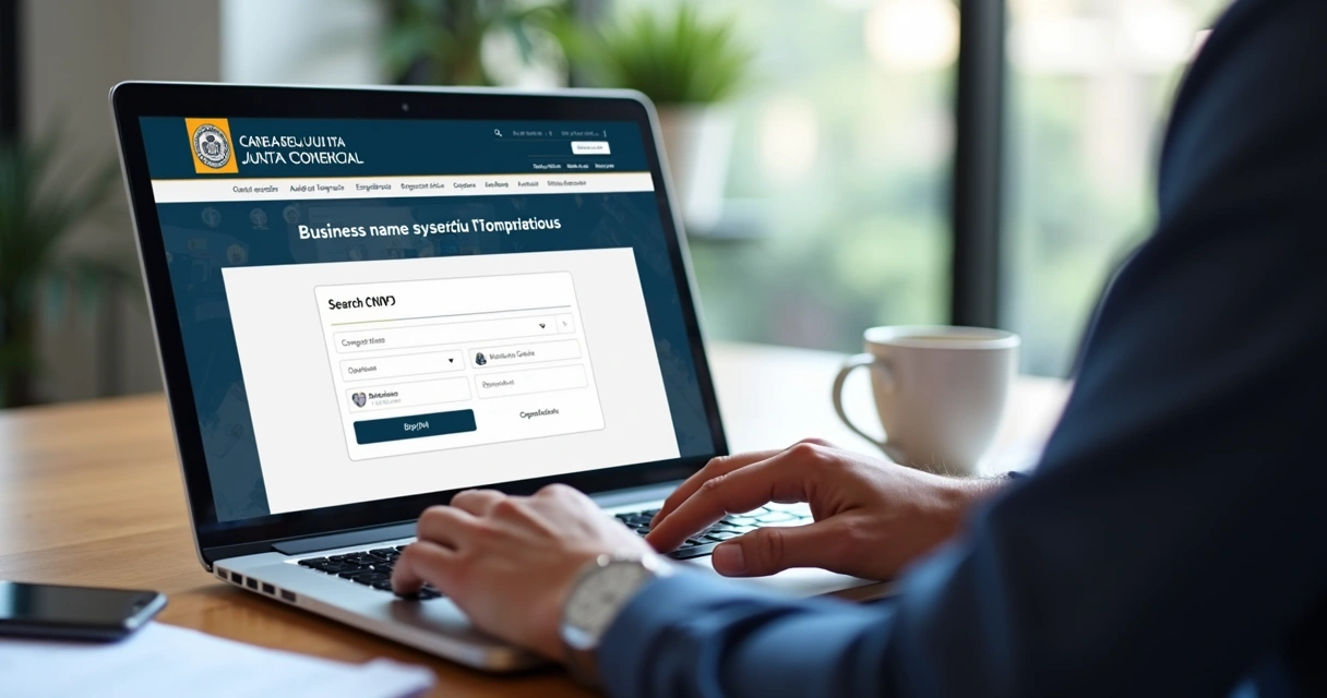 Pessoa pesquisando nome de empresa em site da Junta Comercial 