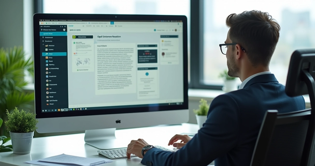 Profissional consultando norma ambiental em tela de computador moderna 