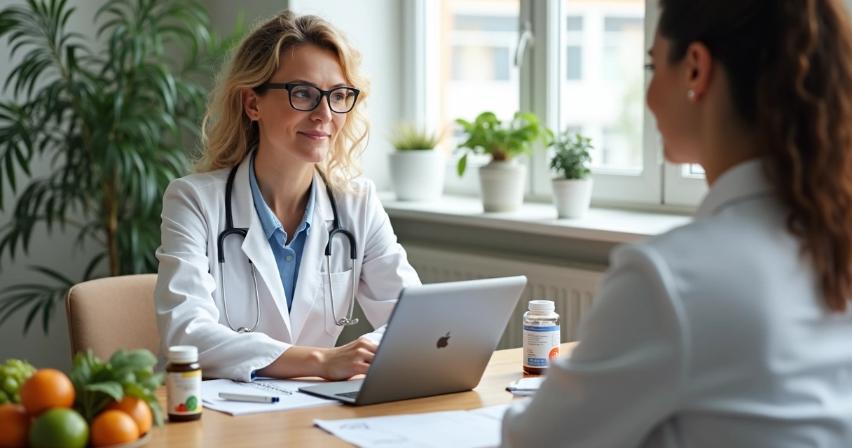 Nutricionista avaliando suplementos e plano alimentar para saúde intestinal