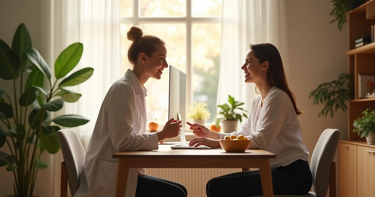 Consultório de nutrição aconchegante com paciente e nutricionista conversando 