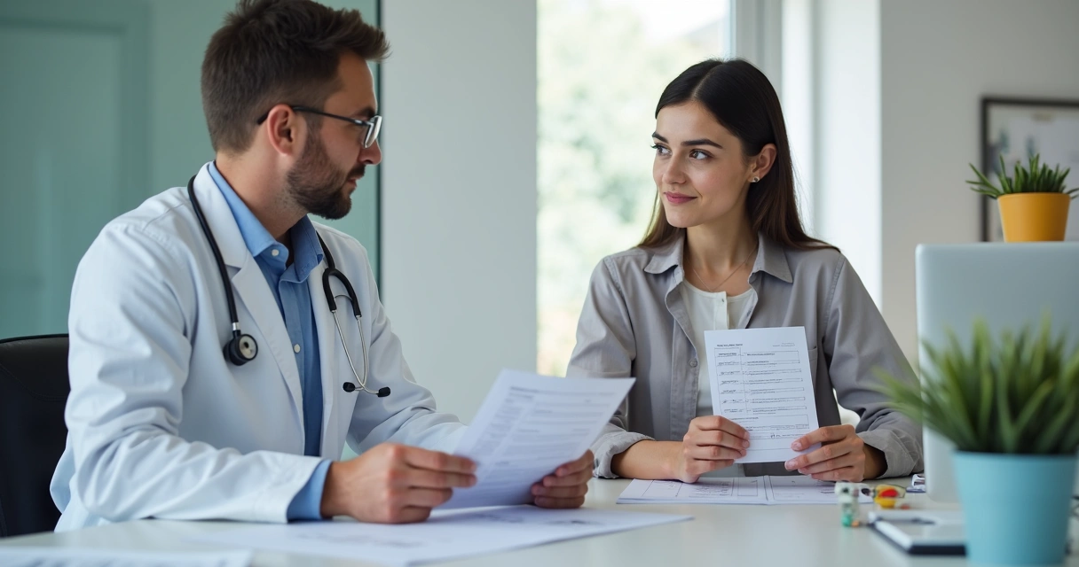 Pessoa segurando exames de sangue em consulta com profissional de saúde