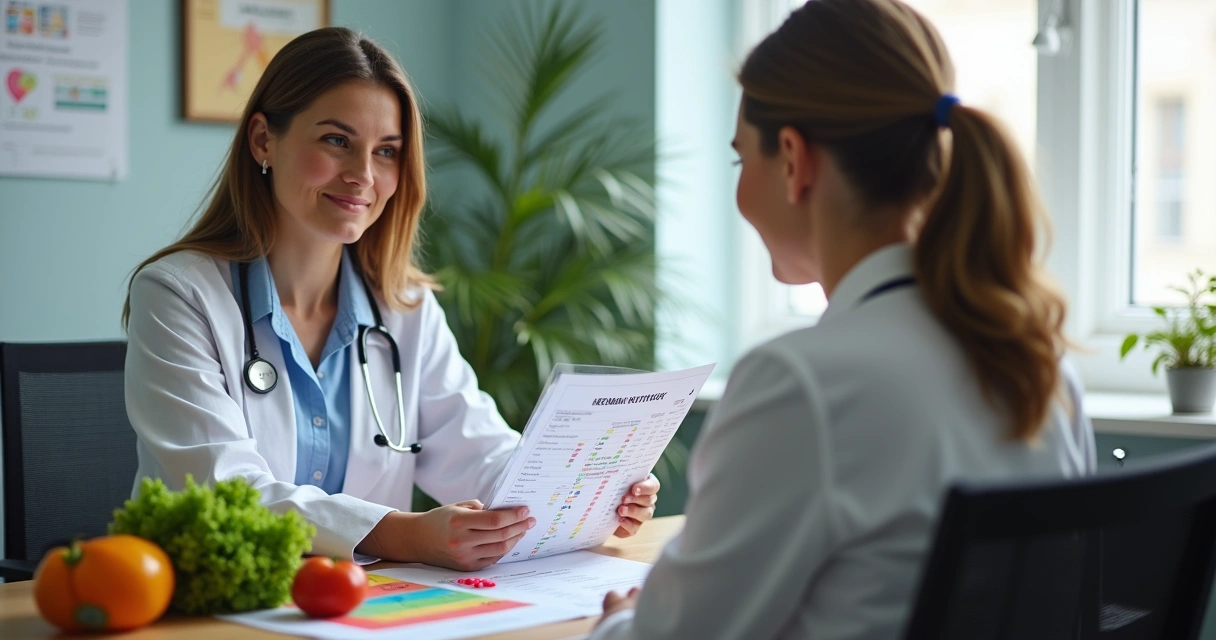 Consulta de nutrição personalizada com médico explicando exame hormonal