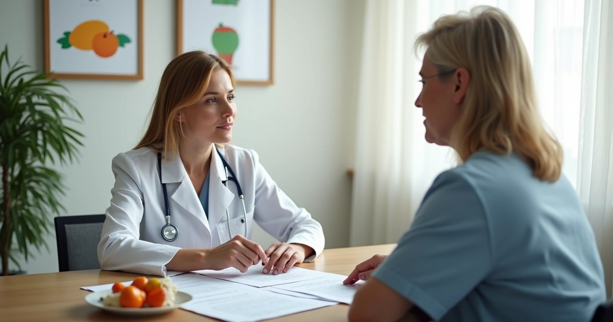 Nutricionista e paciente em consulta discutindo estudos de nutrição 