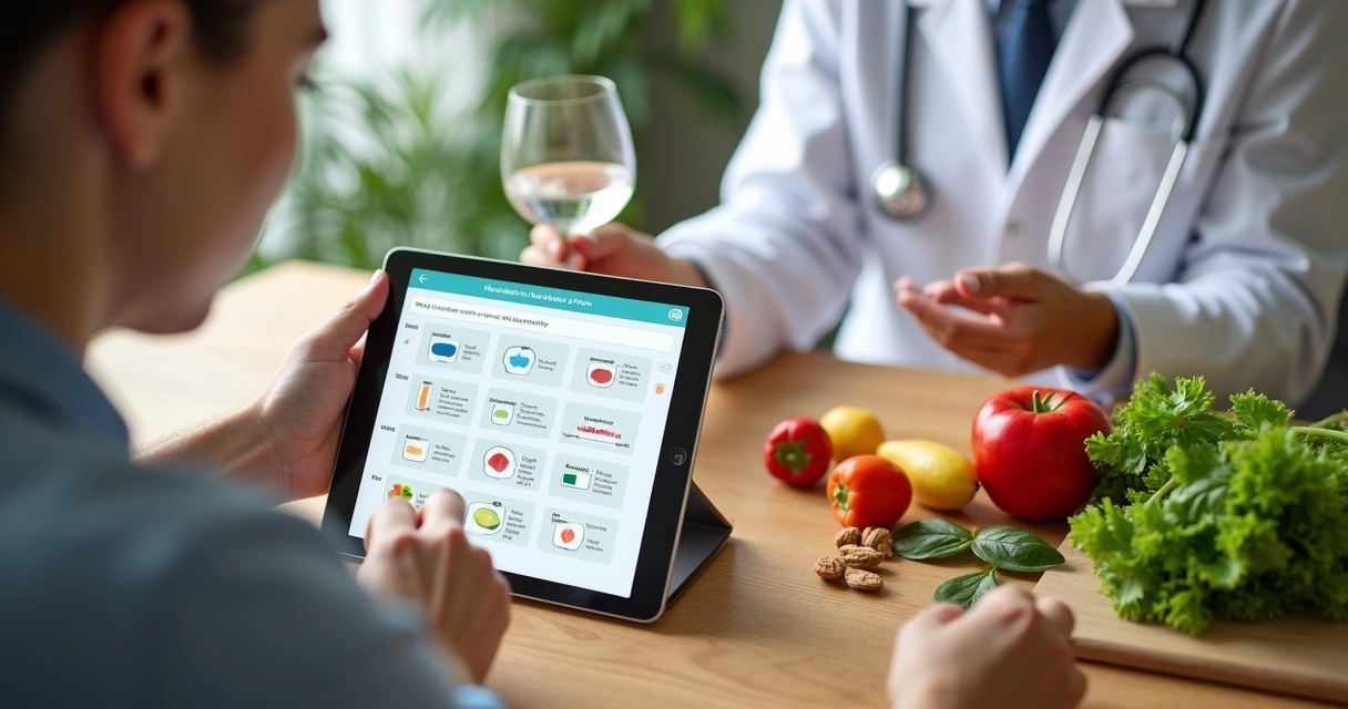 Nutricionista analisando dieta personalizada em tablet com alimentos saudáveis na mesa 