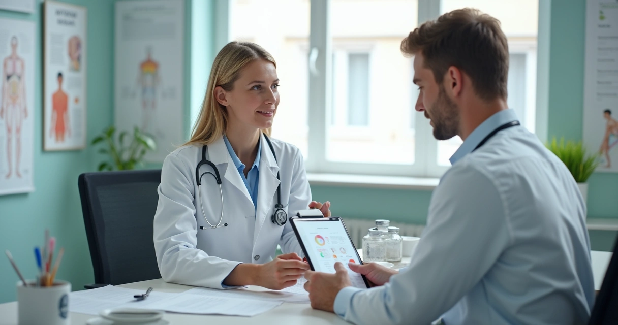 Nutricionista e paciente discutindo plano alimentar pós-operatório 