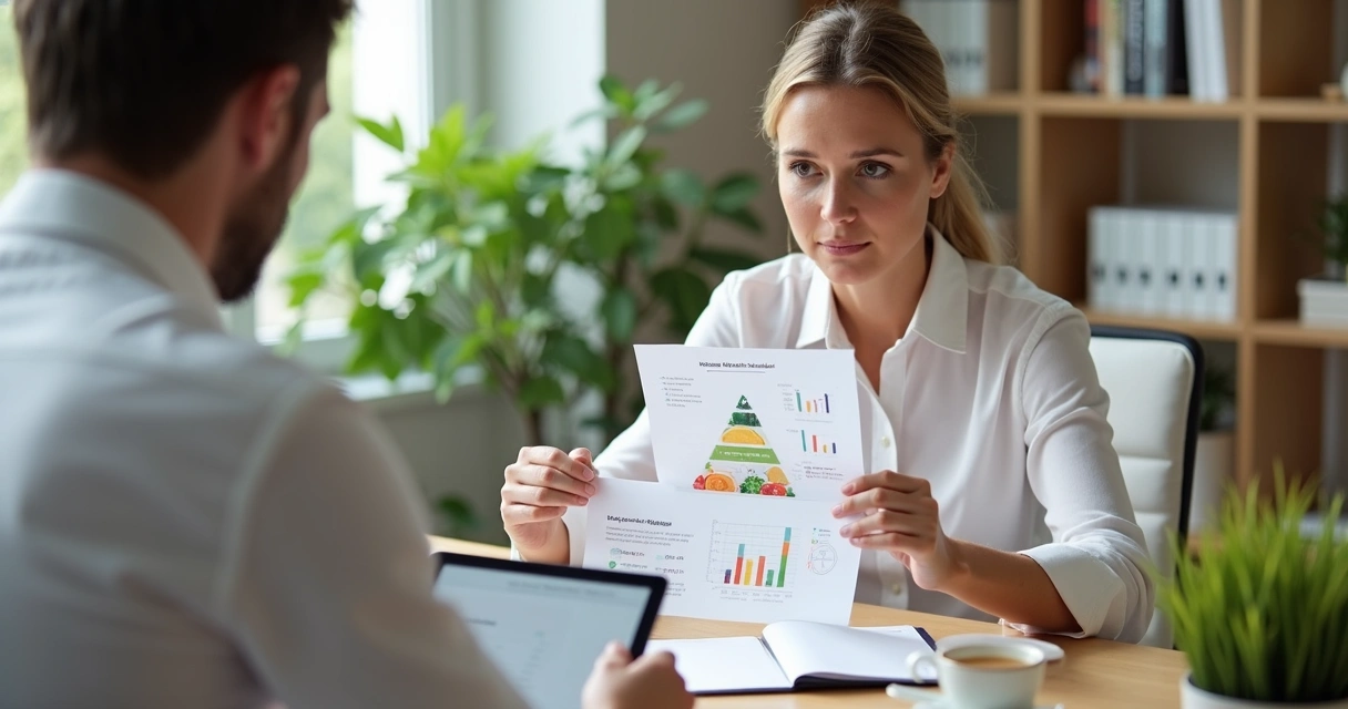 Nutricionista atendendo paciente em consultório, ambos sentados à mesa com documentos e anotações 