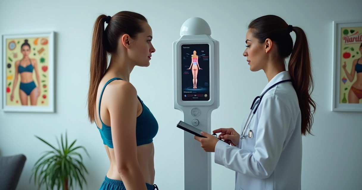 Nutricionista avaliando composição corporal de uma paciente em clínica moderna 