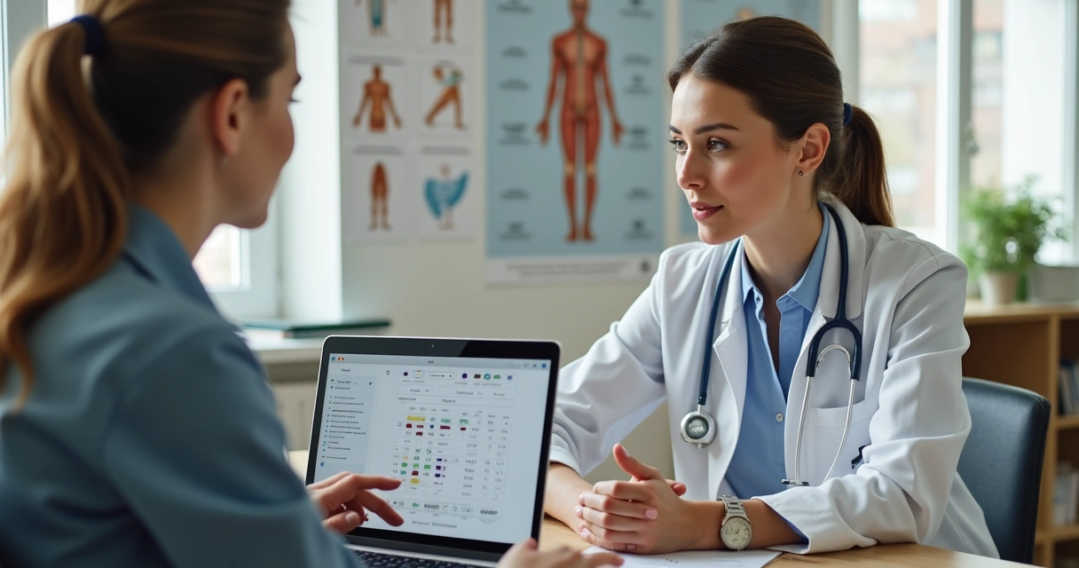 Nutricionista discutindo exame genético com paciente 