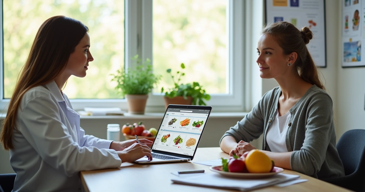 Nutricionista conversa com paciente durante avaliação alimentar 