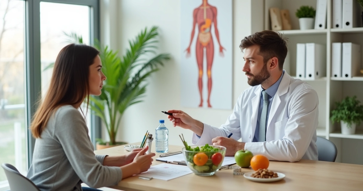 Nutricionista atendendo paciente em consultório com alimentos saudáveis sobre a mesa 