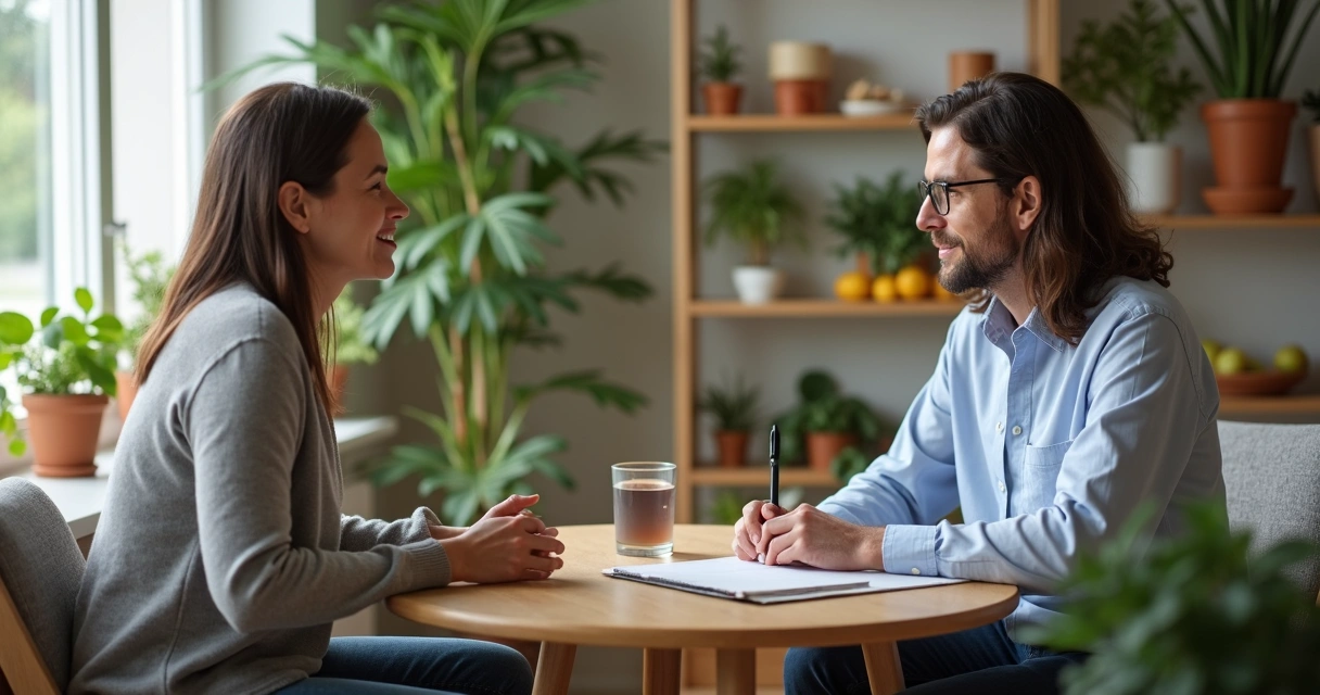 Nutricionista conversando com paciente em consultório calmo e acolhedor