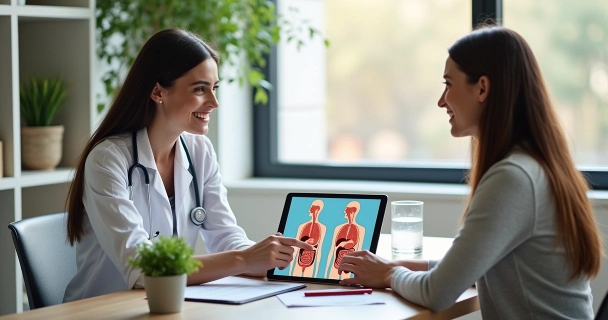 Nutricionista conversando com paciente em consultório. 