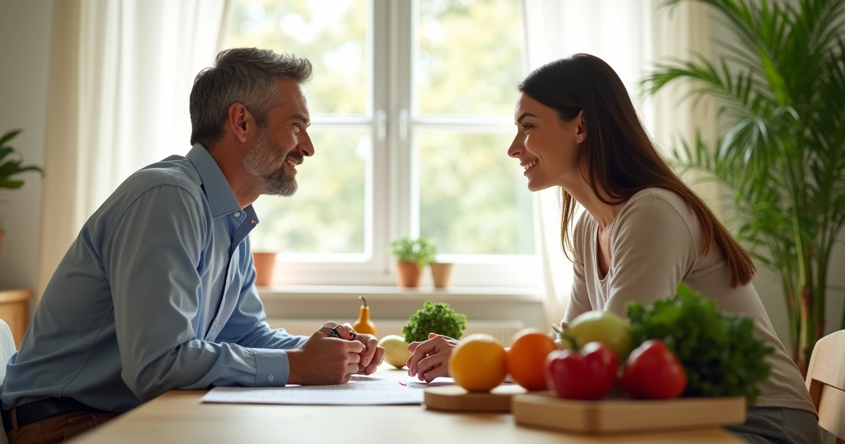 Paciente em consulta de nutrição funcional, diálogo atencioso com nutricionista 