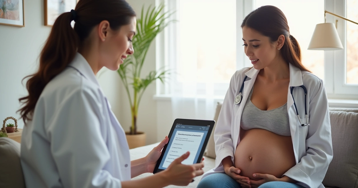 Nutricionista conversa com gestante enquanto observa questionário em tablet