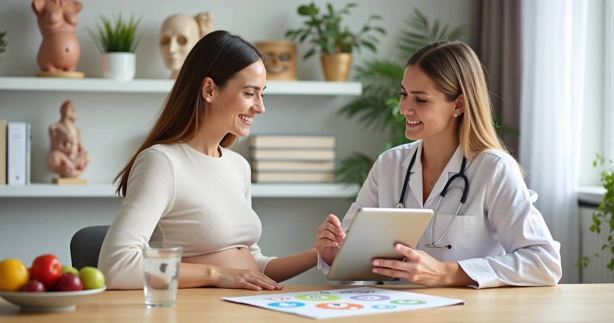 Nutricionista em consulta com gestante em consultório 