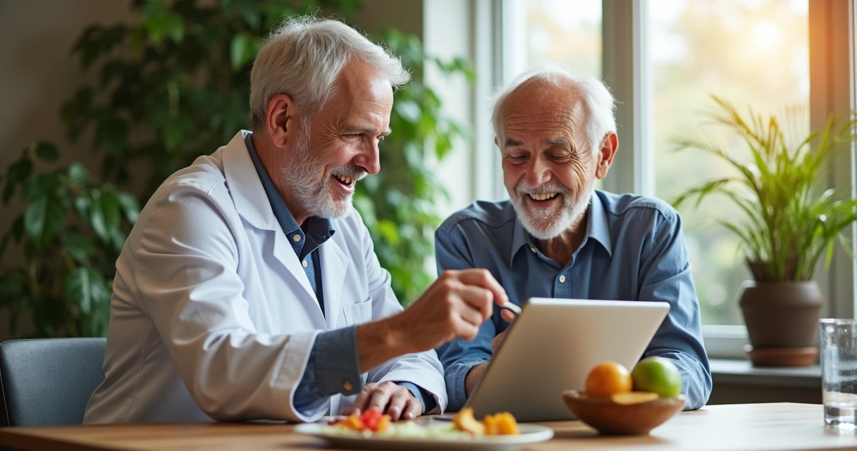 Nutricionista conversando com paciente idoso sorridente, mostrando resultados na tela do tablet 