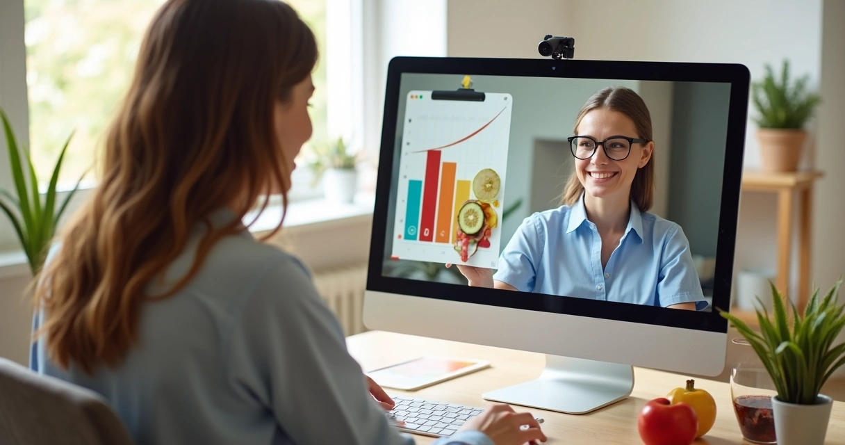 Nutricionista orientando paciente por videochamada, ambos em ambiente claro, com tela mostrando gráfico de alimentos