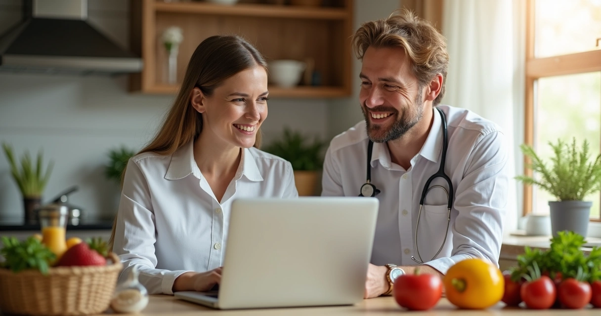 Nutricionista conversando online com paciente em ambiente caseiro 