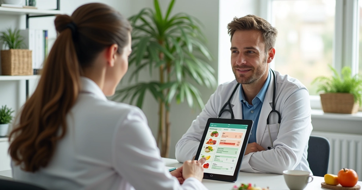 Nutricionista conversando com paciente durante consulta. 