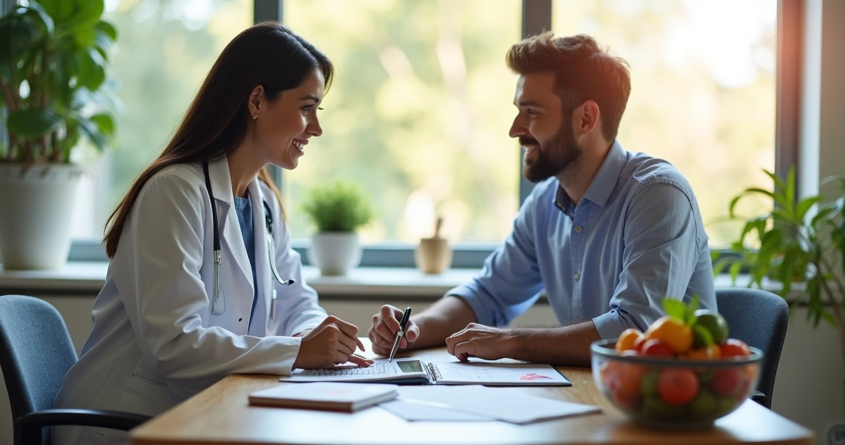 Nutricionista em mesa branca utilizando tablet para acompanhar plano alimentar de paciente 