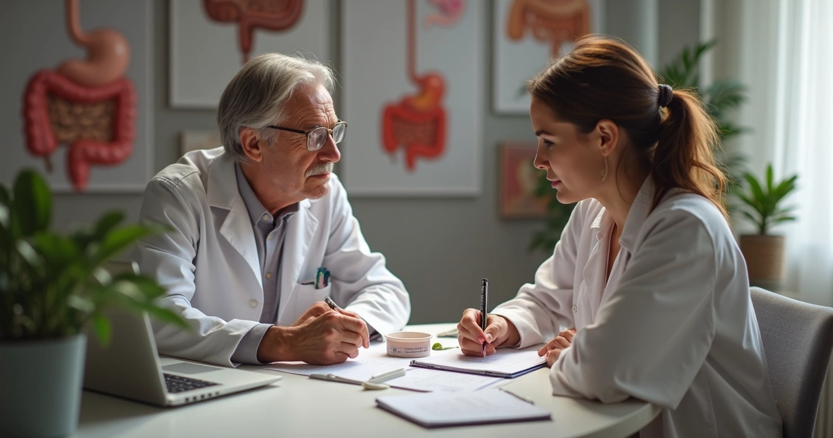 Nutricionista analisando anotações com paciente em consultório 