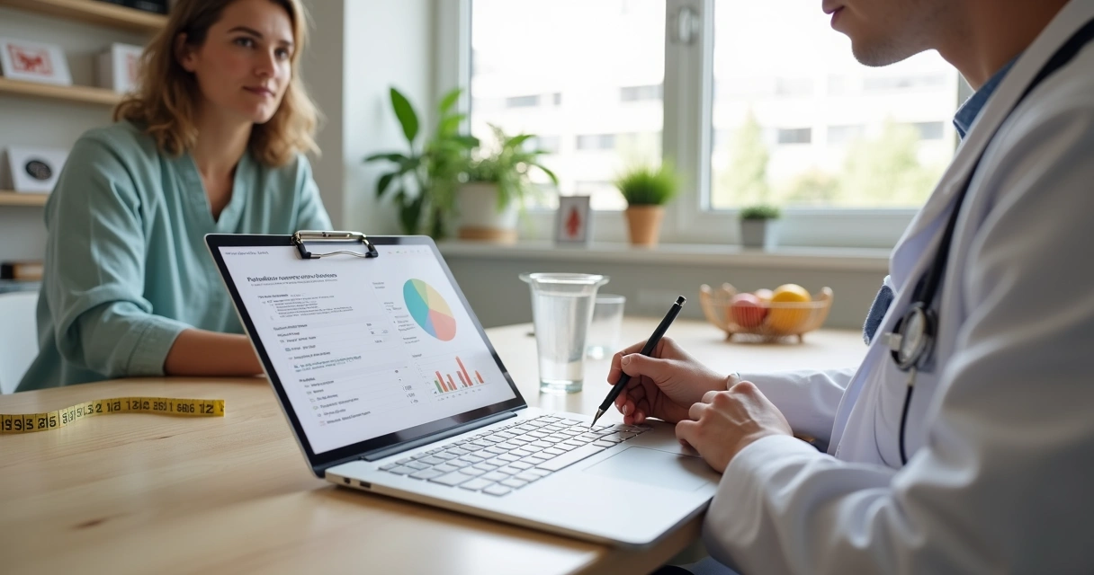 Nutricionista anotando perguntas durante consulta com paciente em consultório moderno 