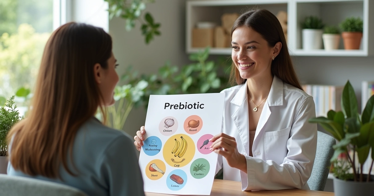 Nutricionista explicando sobre fontes de prebióticos para paciente sentado em consultório 