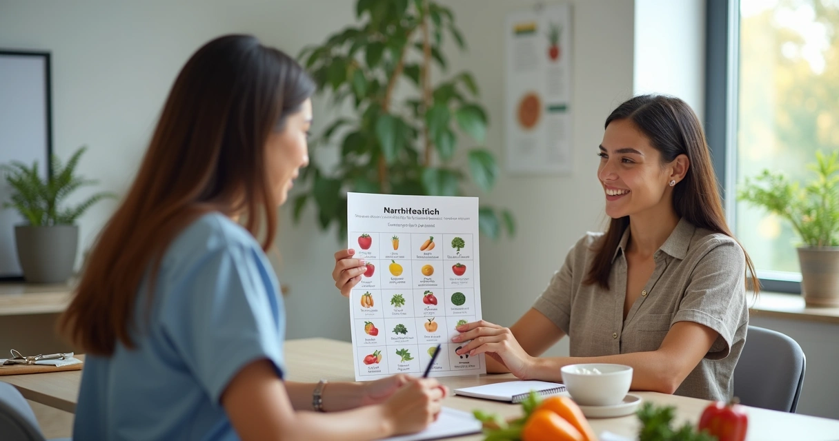 Consulta com nutricionista discutindo alimentação rica em probióticos. 
