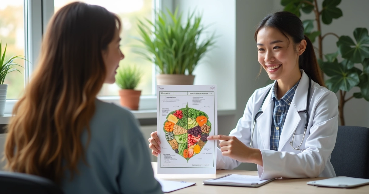 Persona en consulta con nutricionista observando una tabla de alimentos 