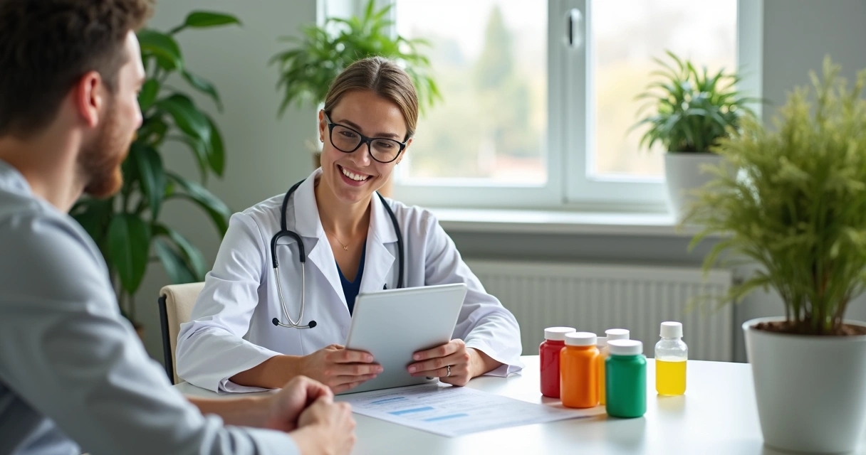 Nutricionista orienta paciente sobre suplementos durante consulta 
