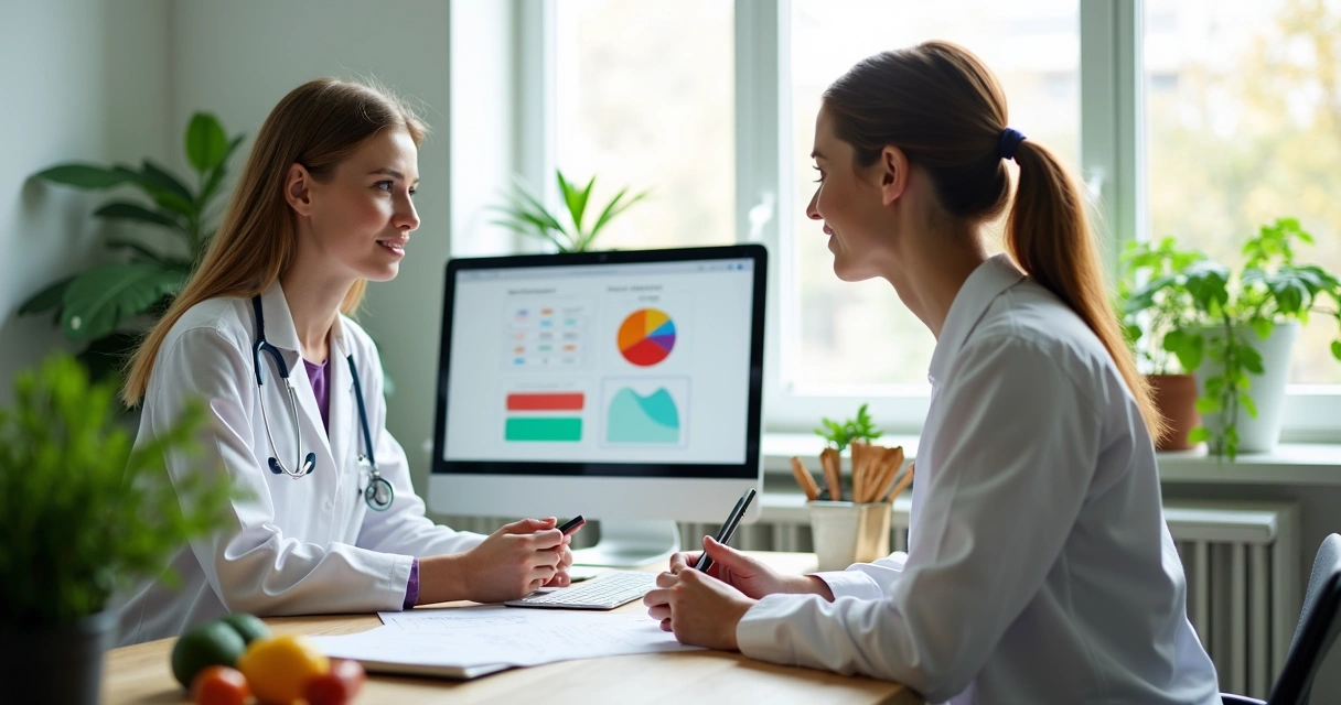 Nutricionista realizando consulta com paciente e computador 