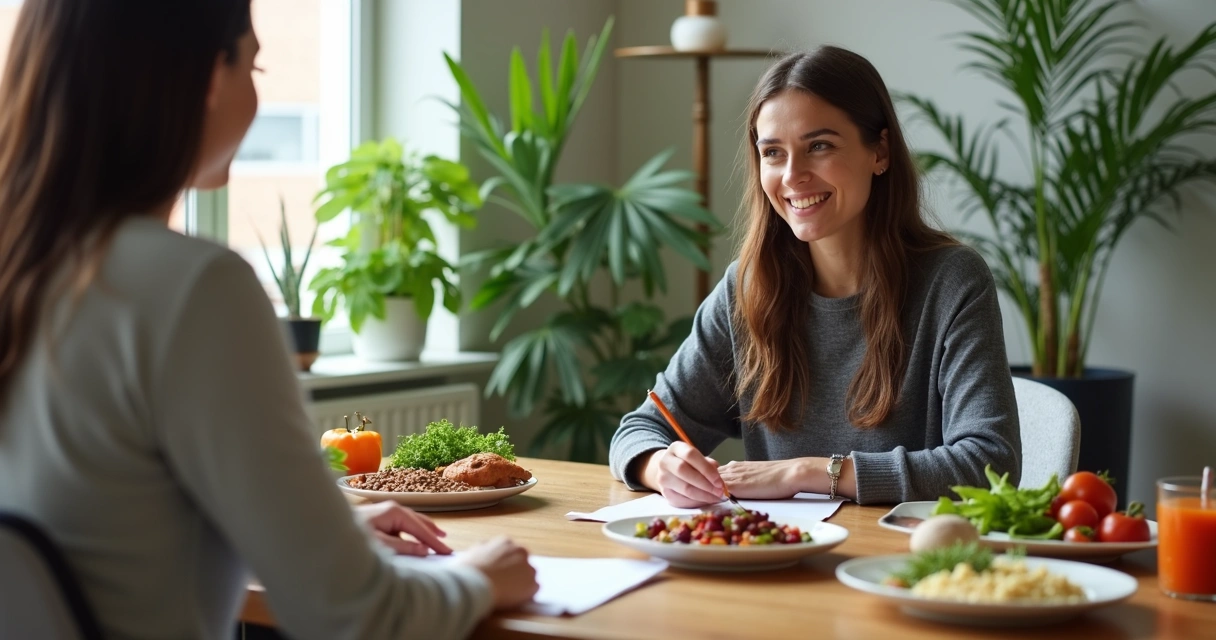 Nutricionista e paciente vegetariano em consulta, pratos de vegetais na mesa 
