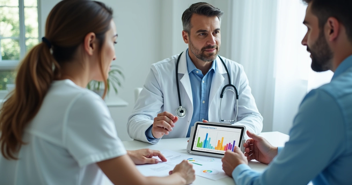 Consulta em clínica de nutrologia com paciente e profissional discutindo gráfico de metabolismo 